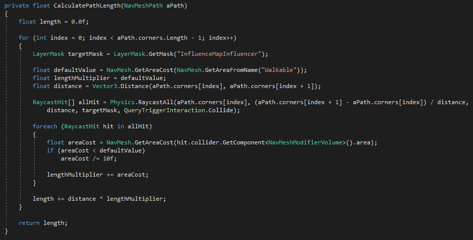 Calculation the distance to each target. 
                    I chose to divide with 10 to increase the value of walking on prefered areas.